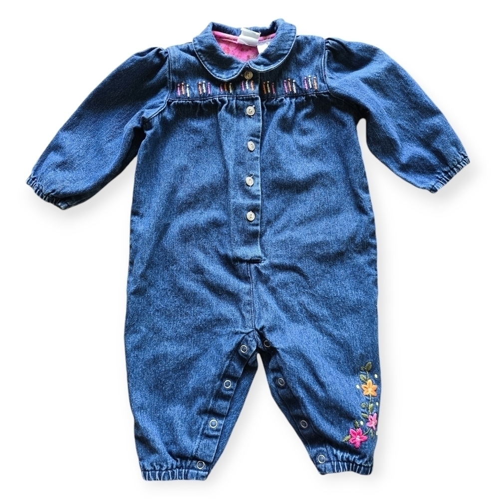 Vintage Cherokee Baby Floral Embroidered Boiler Denim Jumpsuit